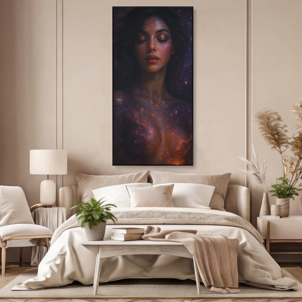 Tablou canvas cu tablou canvas cu femeie si galaxie, in rama de aluminiu negru, pe perete intr-un dormitor